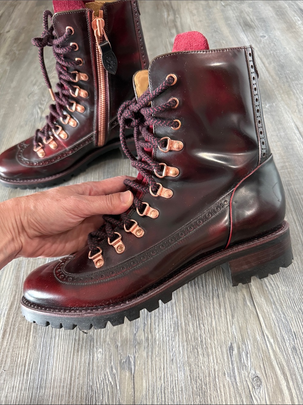 Women's Burgundy Lace-Up Wingtip Boots with Contrast Suede Tongue - Picture 2 of 8
